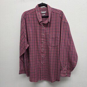 Van Heusen Shirt Mens 2XL 18-18.5 Red Gray Plaid Button Down Wrinkle Free Twill